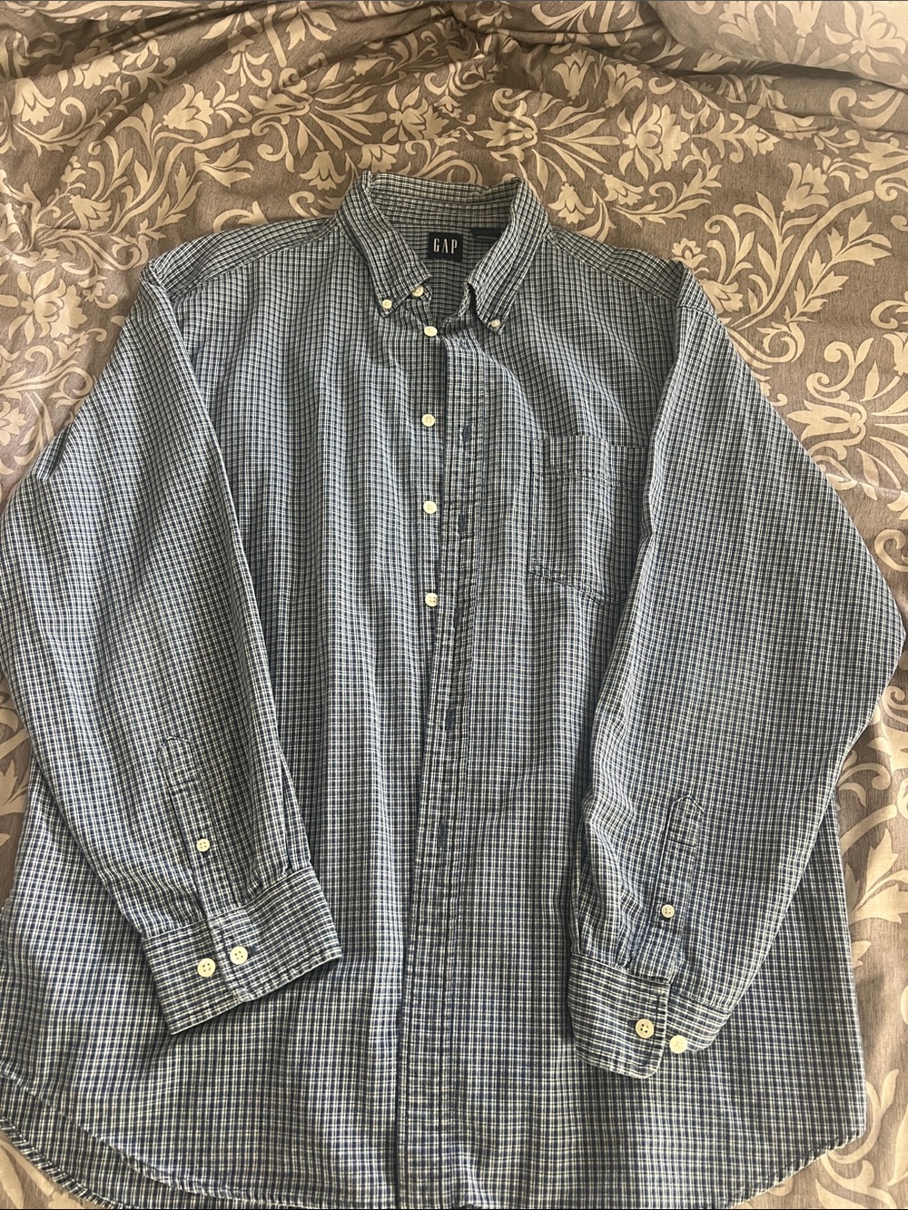 GAP Men's Blue and White Mini-Check Button-Down Shirt